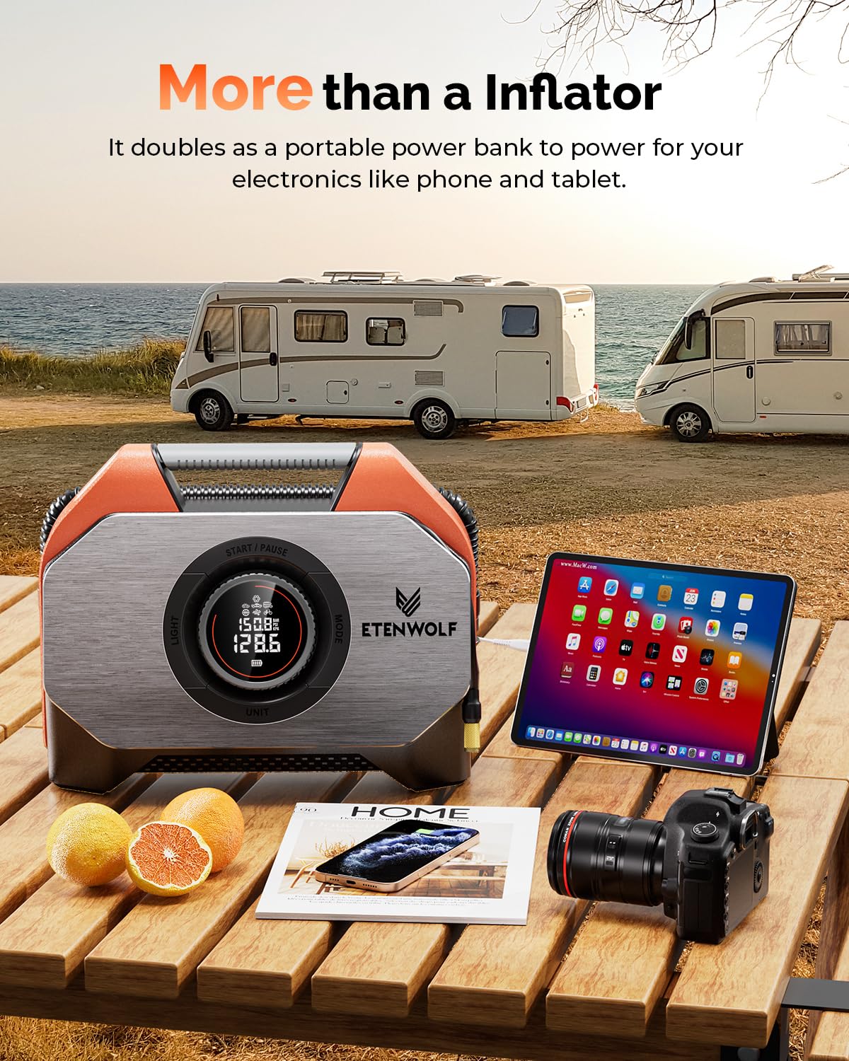 ETENWOLF Vortex S6 USB-C fast charging powers devices while inflating.