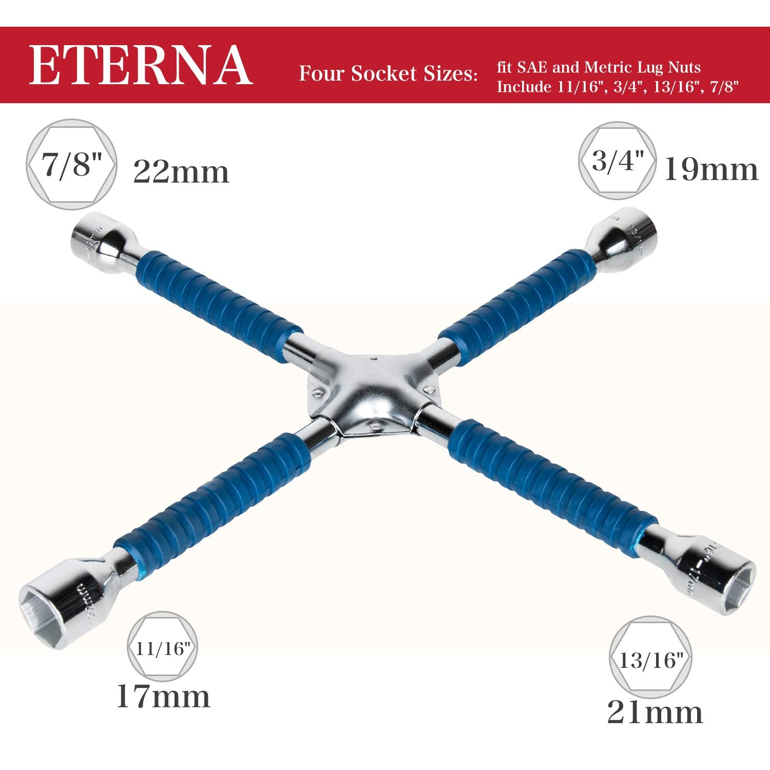 ETERNA wrench showing socket sizes 11/16, 3/4, 13/16, 7/8-inch for versatile lug nuts.
