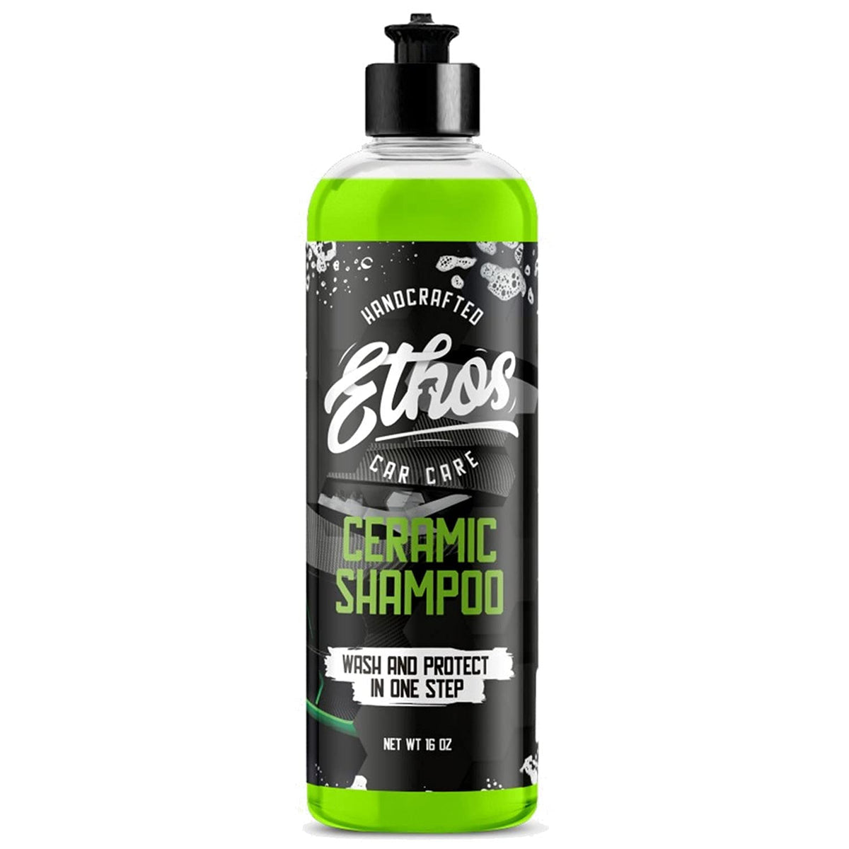 Ethos Ceramic Car Shampoo bottle showing slick wash formula for easy cleaning.
