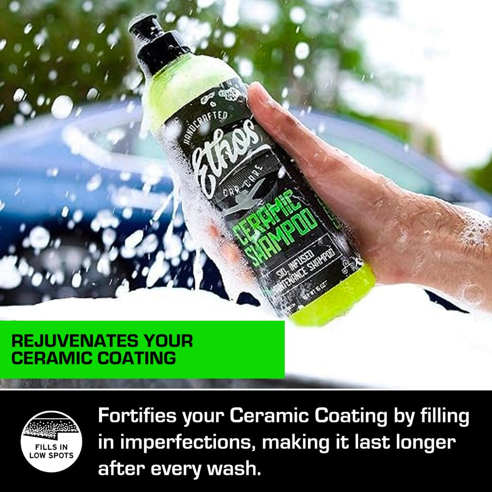 Ethos Ceramic Car Shampoo works on coated and uncoated surfaces with care.