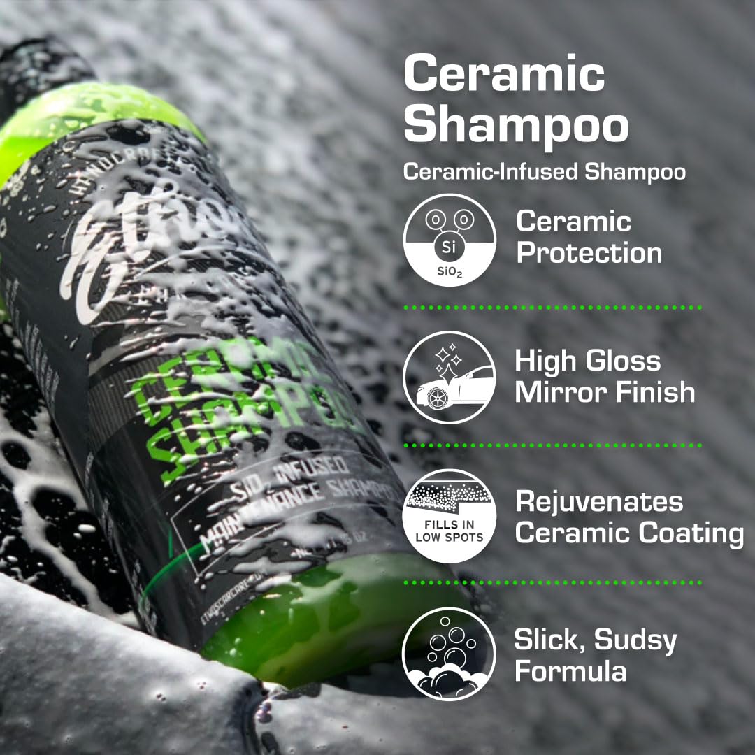 Ethos Ceramic Car Shampoo lather close-up highlights rich foam and protection.