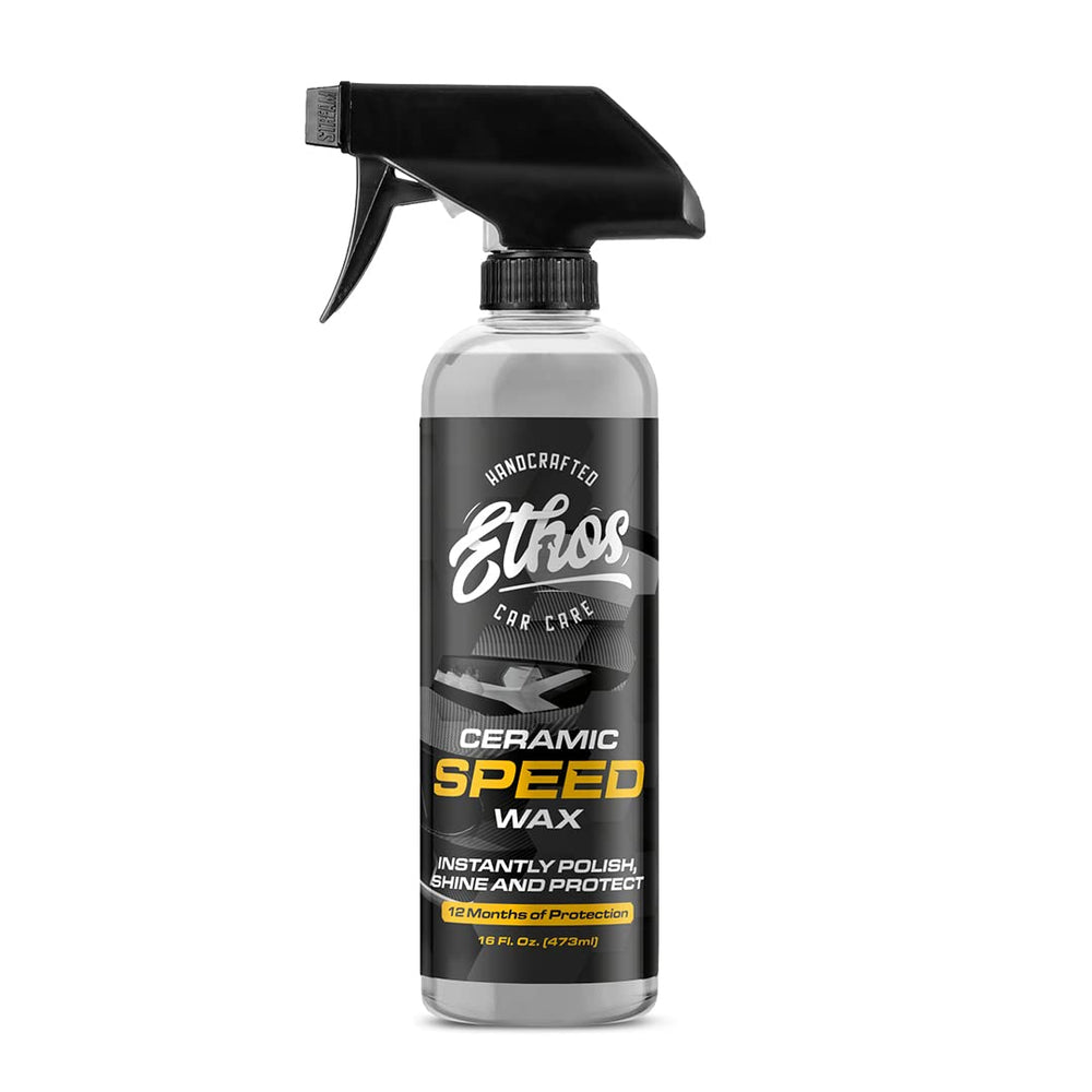 Ethos Ceramic Speed Wax bottle showing high-gloss protection for car paint.
