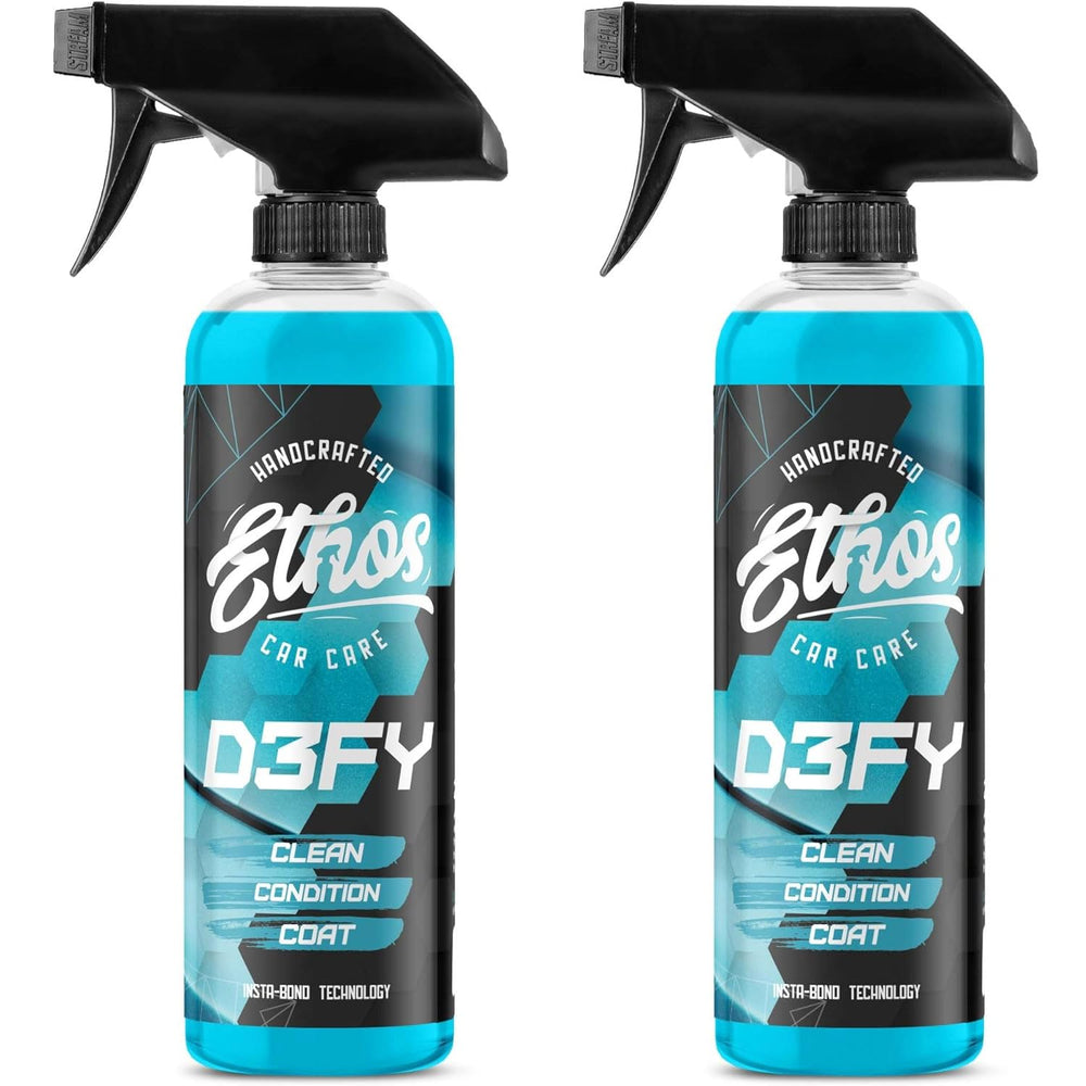 Ethos Defy 3in1 bottle pour shows quick application for instant car shine.