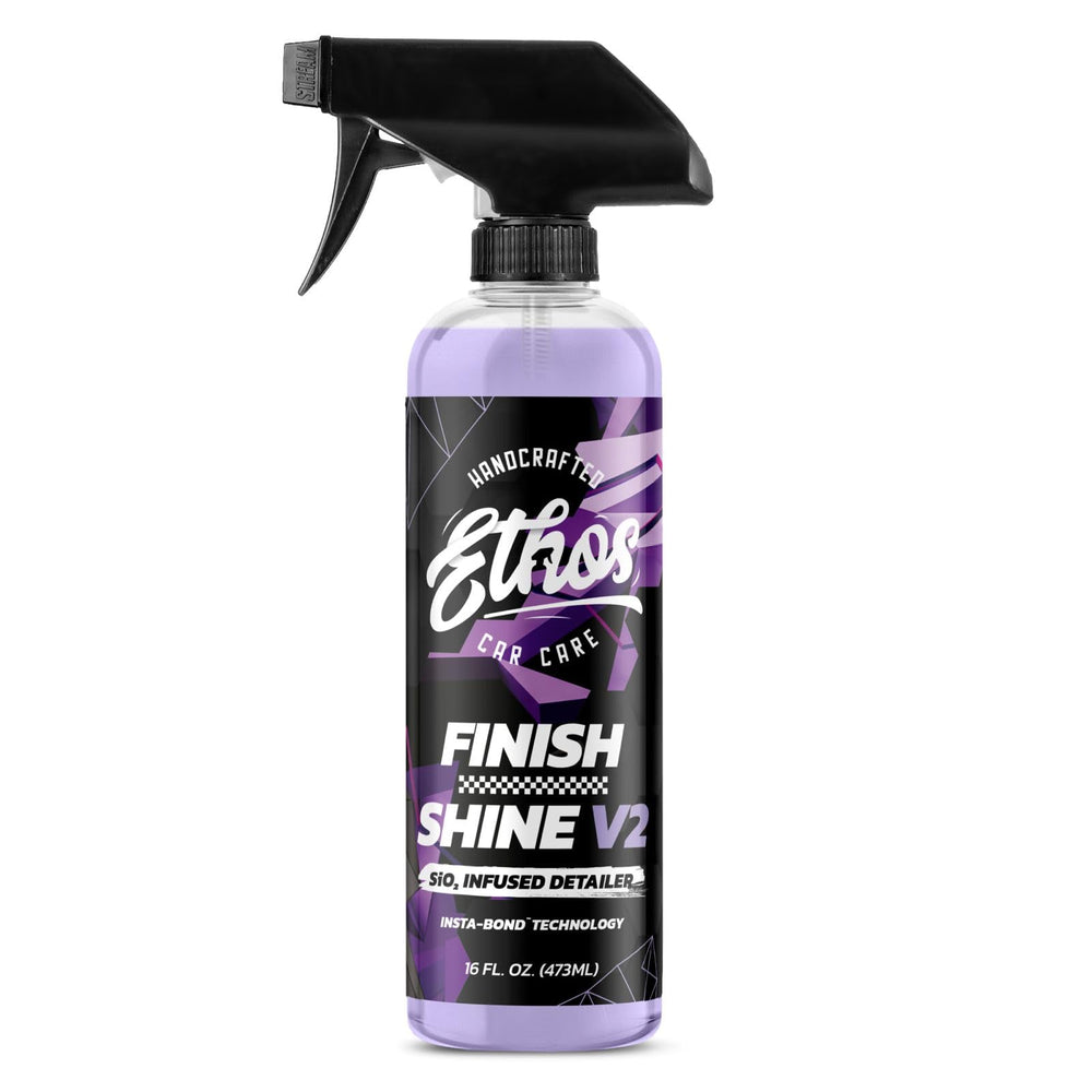 Ethos Finish Shine bottle and pour highlights easy spray application for quick detail.