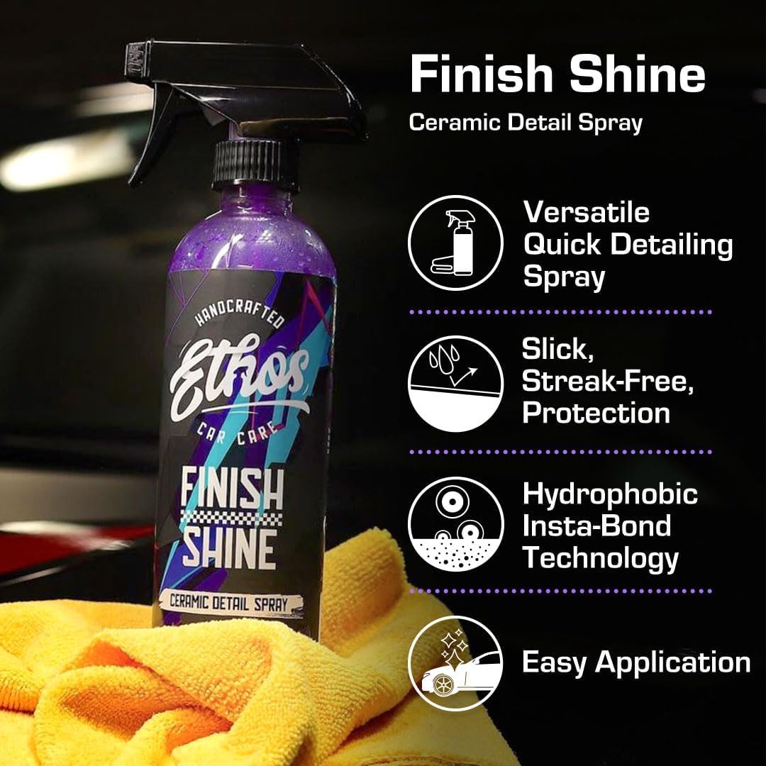 Ethos Finish Shine spray being wiped for streak-free quick detail between washes.
