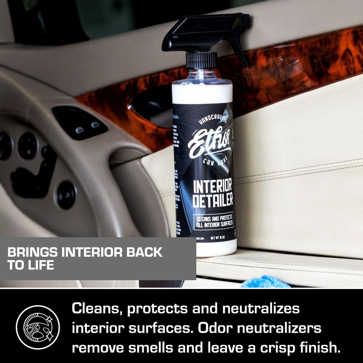 Ethos Interior Detailer anti-static formula reduces dust cling