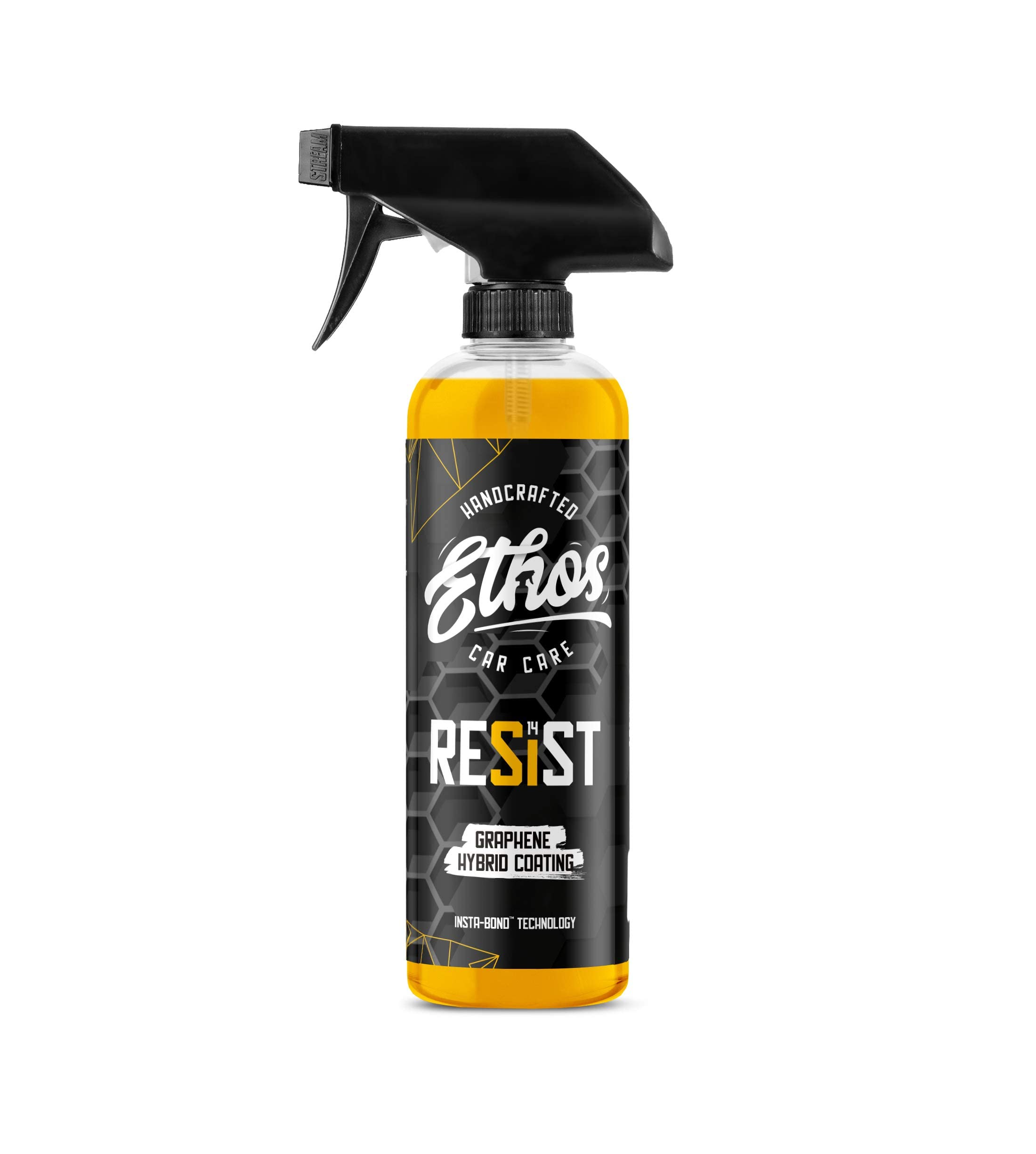 Ethos Resist graphene spray bottle applying coating to car finish for lasting gloss.