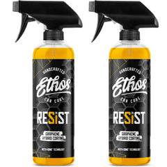 Ethos Resist graphene spray bottle ready for quick, glossy protection on a car.