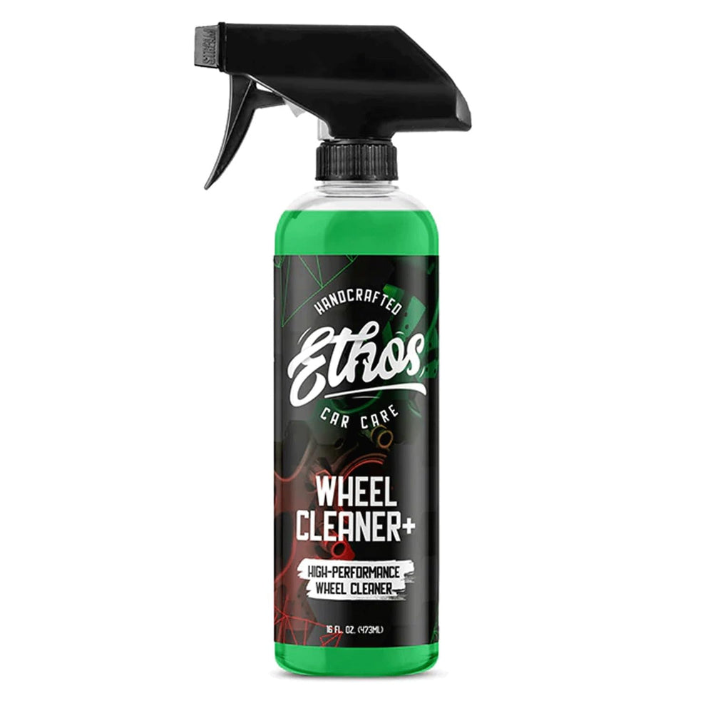 Ethos Wheel Cleaner Spray shows brake dust dissolving for a cleaner rim.