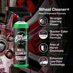 Ethos Wheel Cleaner Spray color-change gel highlights dirt as it loosens from wheels.