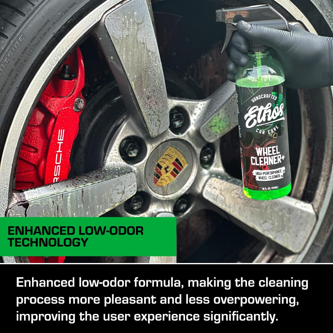 Ethos Wheel Cleaner Spray uses color-change technology to reduce scrubbing time.