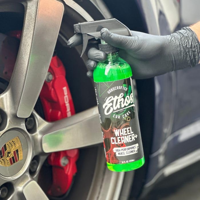 Ethos Wheel Cleaner Spray is safe on clear-coated wheels, preserving finish.