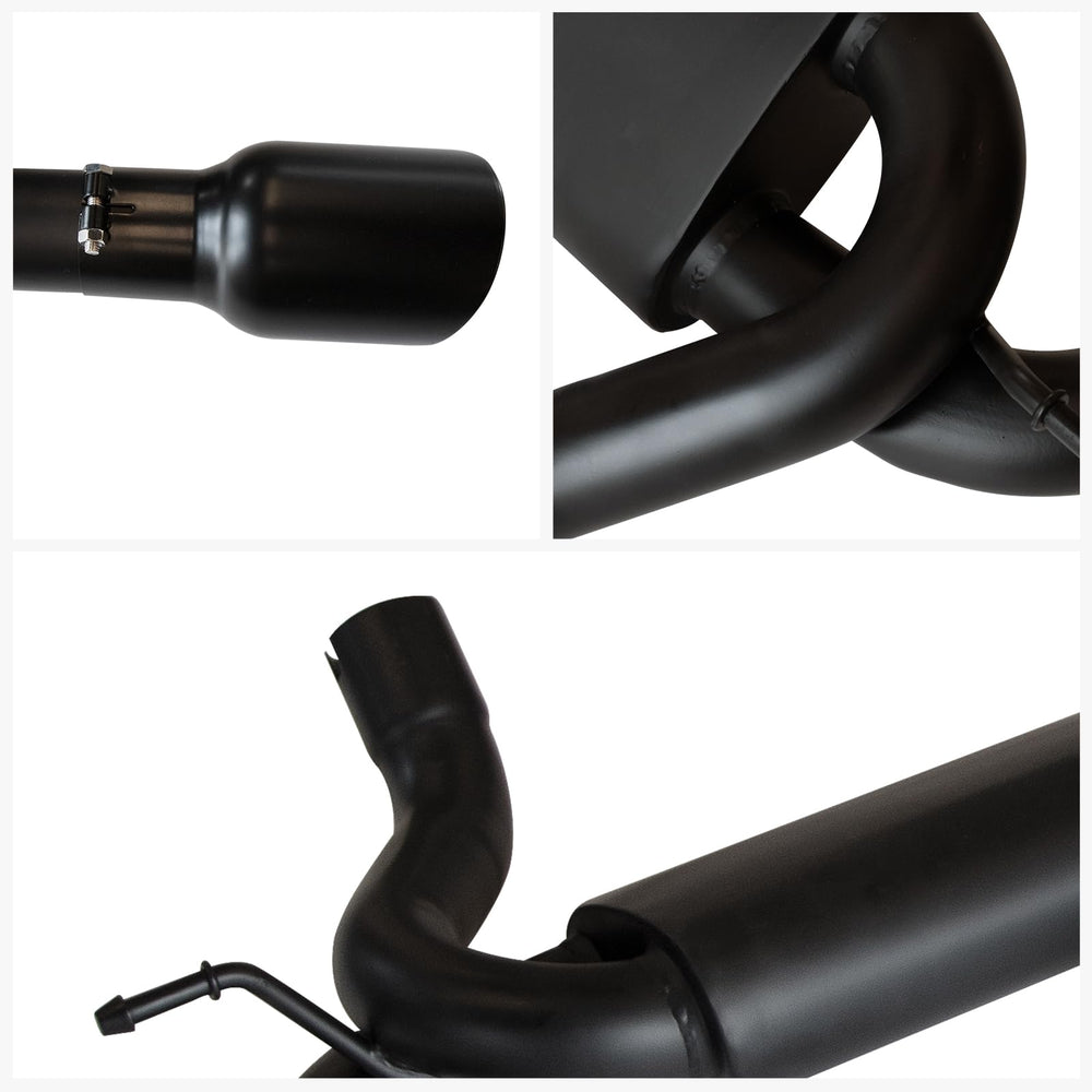 ETL Industries exhaust muffler system matte black finish enhances rugged Jeep aesthetics.