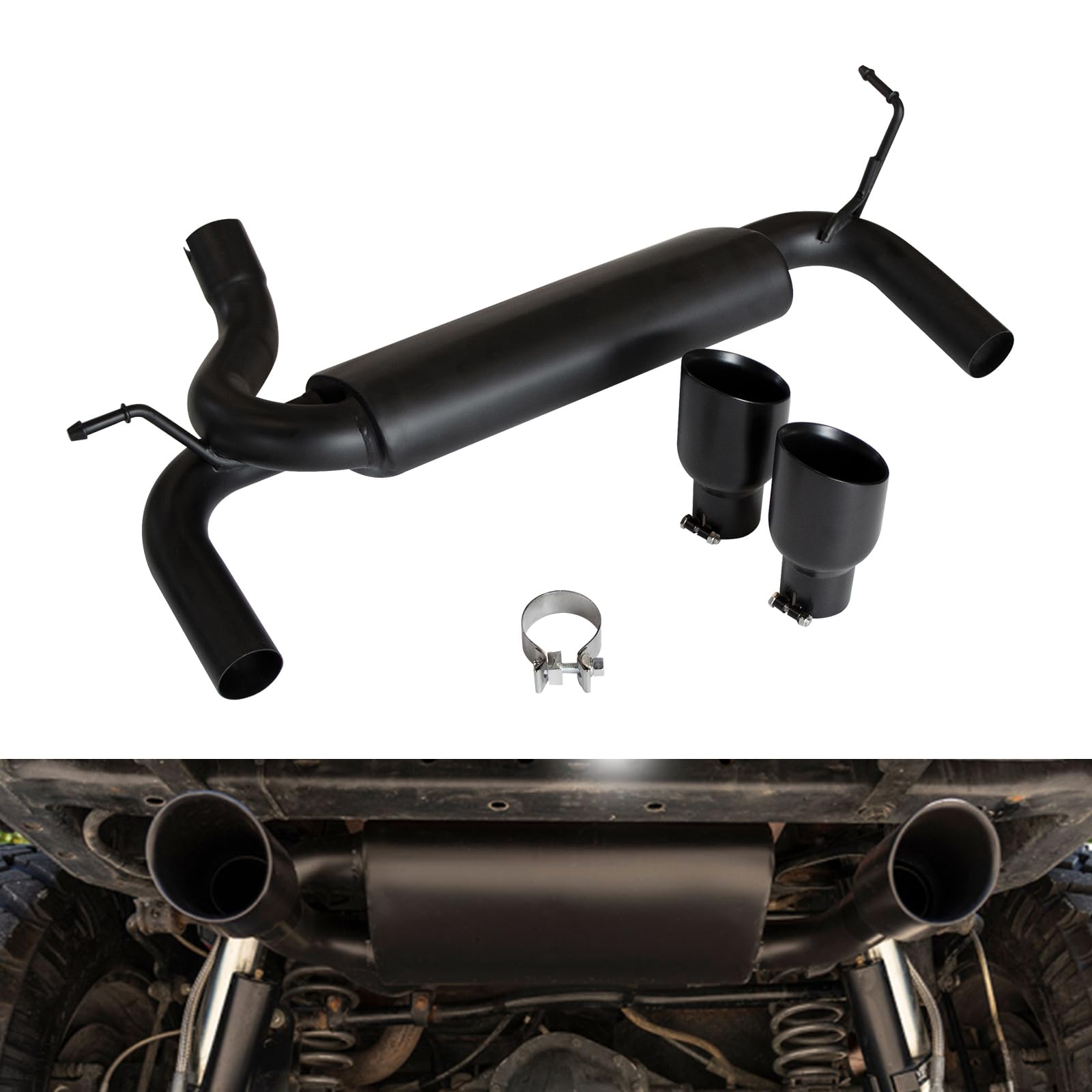 ETL Industries exhaust muffler system stainless steel tips highlight durable, corrosion-resistant finish.