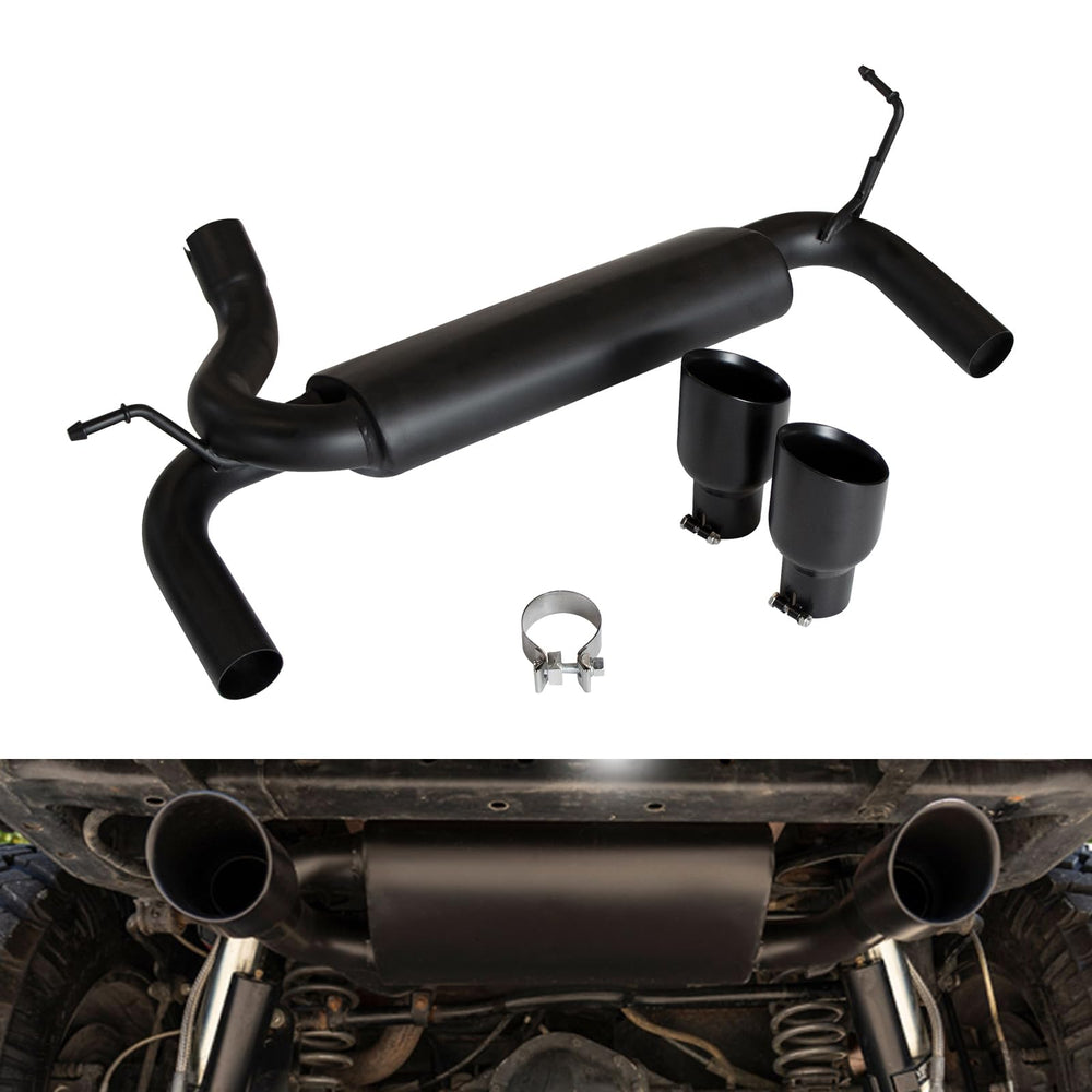 ETL Industries exhaust muffler system stainless steel tips highlight durable, corrosion-resistant finish.