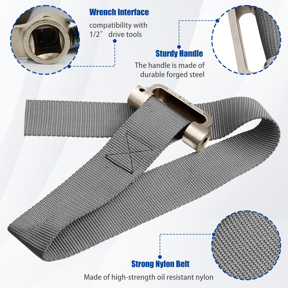 Eudaimonia flexible strap wrench showing wide size range for different filter diameters.