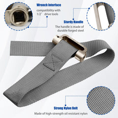 Eudaimonia flexible strap wrench showing wide size range for different filter diameters.
