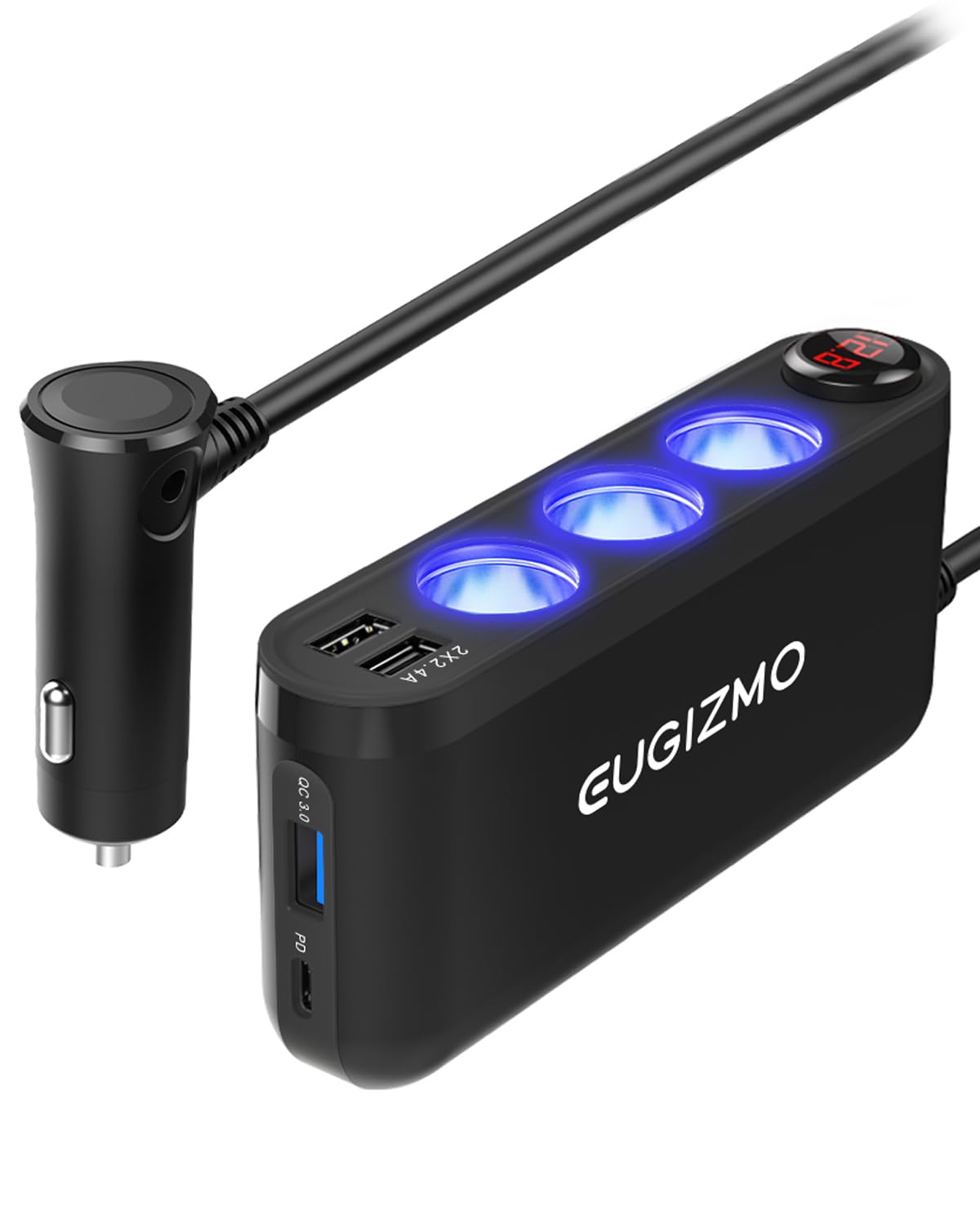 Eugizmo 7-in-1 USB cigarette lighter adapter powering multiple devices on the go