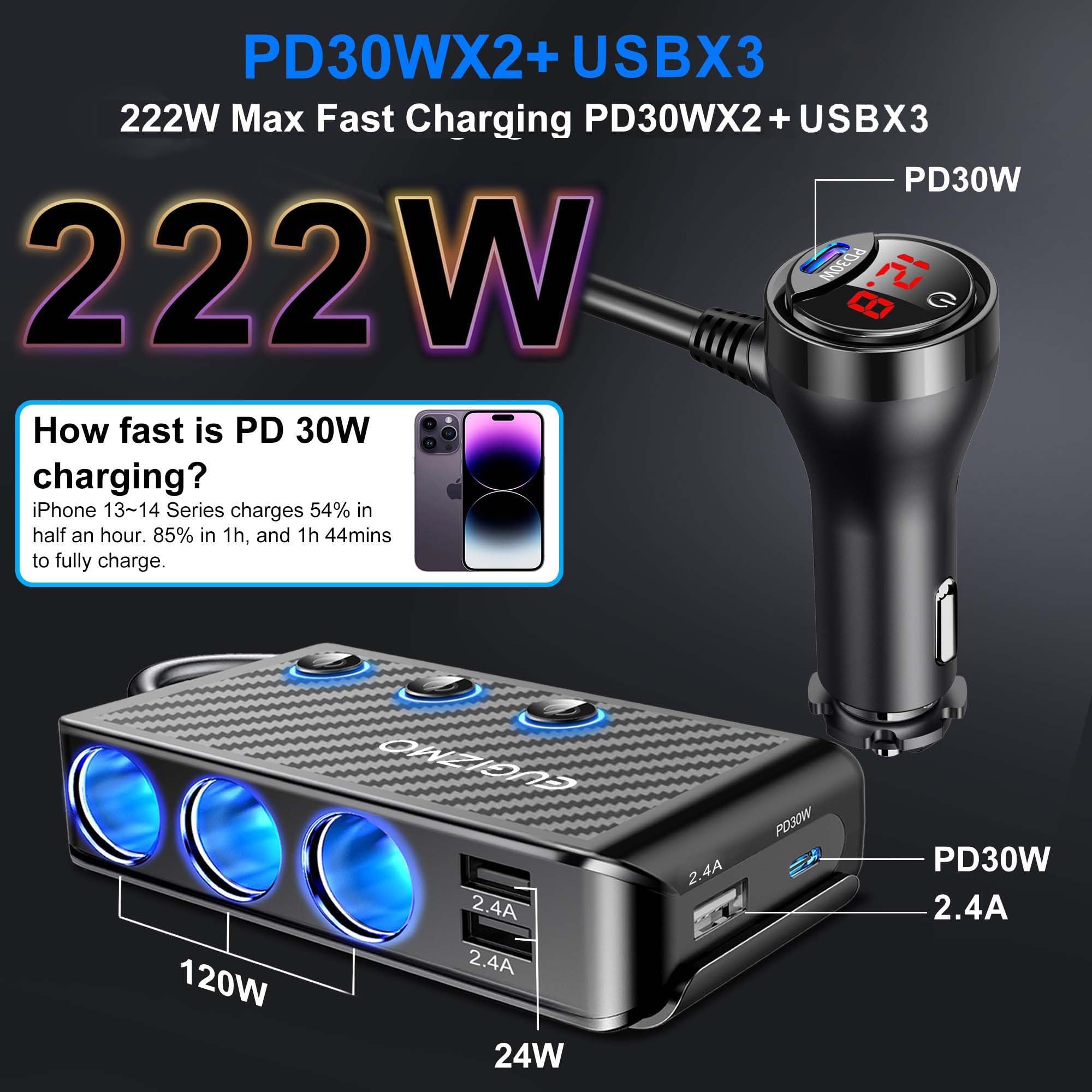 Eugizmo cigarette lighter adapter front 3 sockets for convenient access.