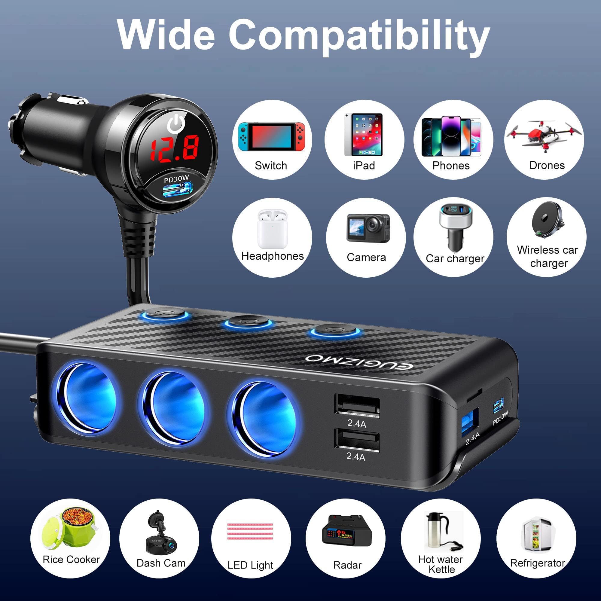 EUGIZMO compact setup powering dash cam GPS and fridge