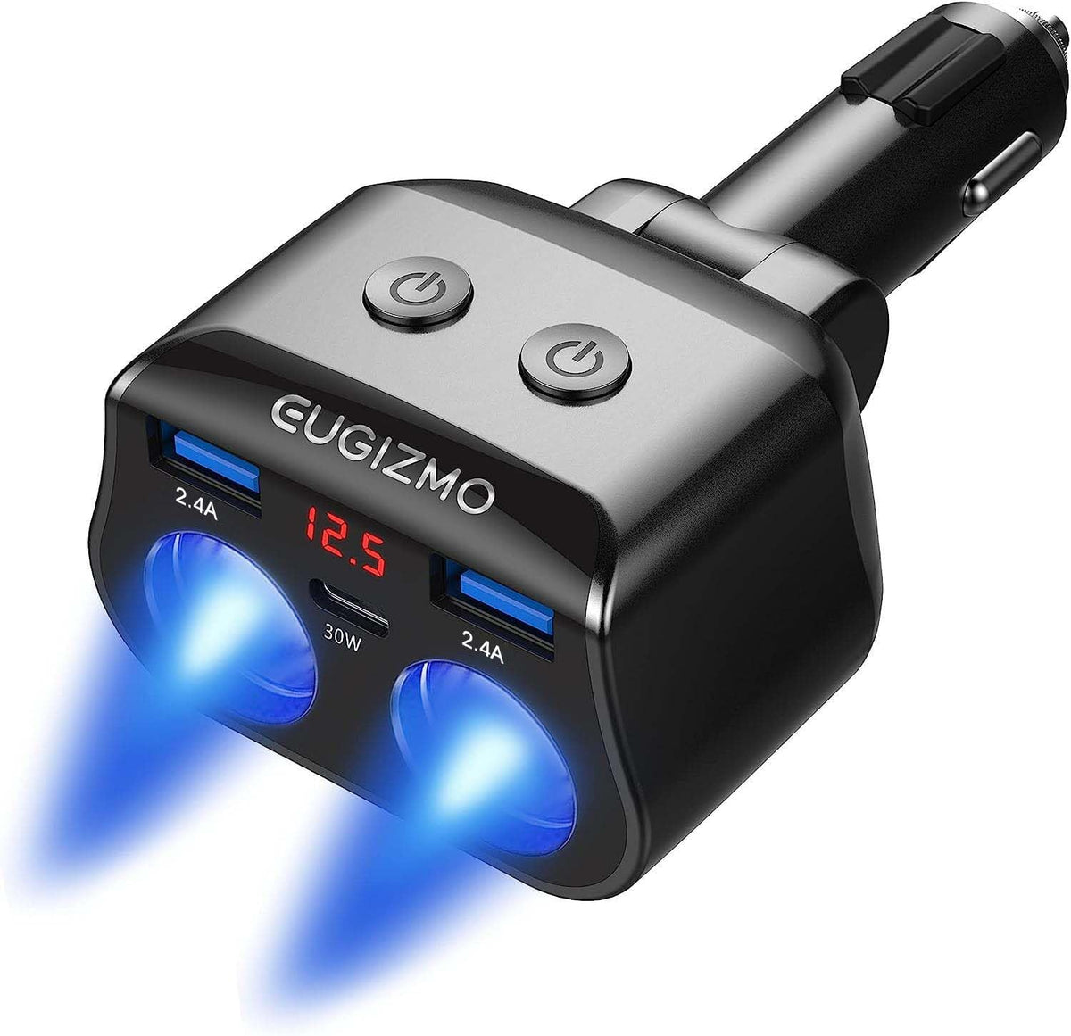 EUGIZMO dual car charger adapter with PD 30W port powering GPS and dash cam