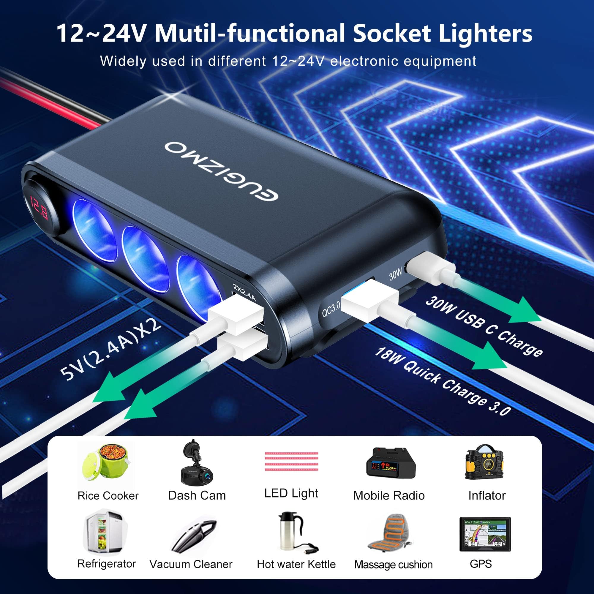 Eugizmo USB-C and fast-charge ports power phones and tablets.