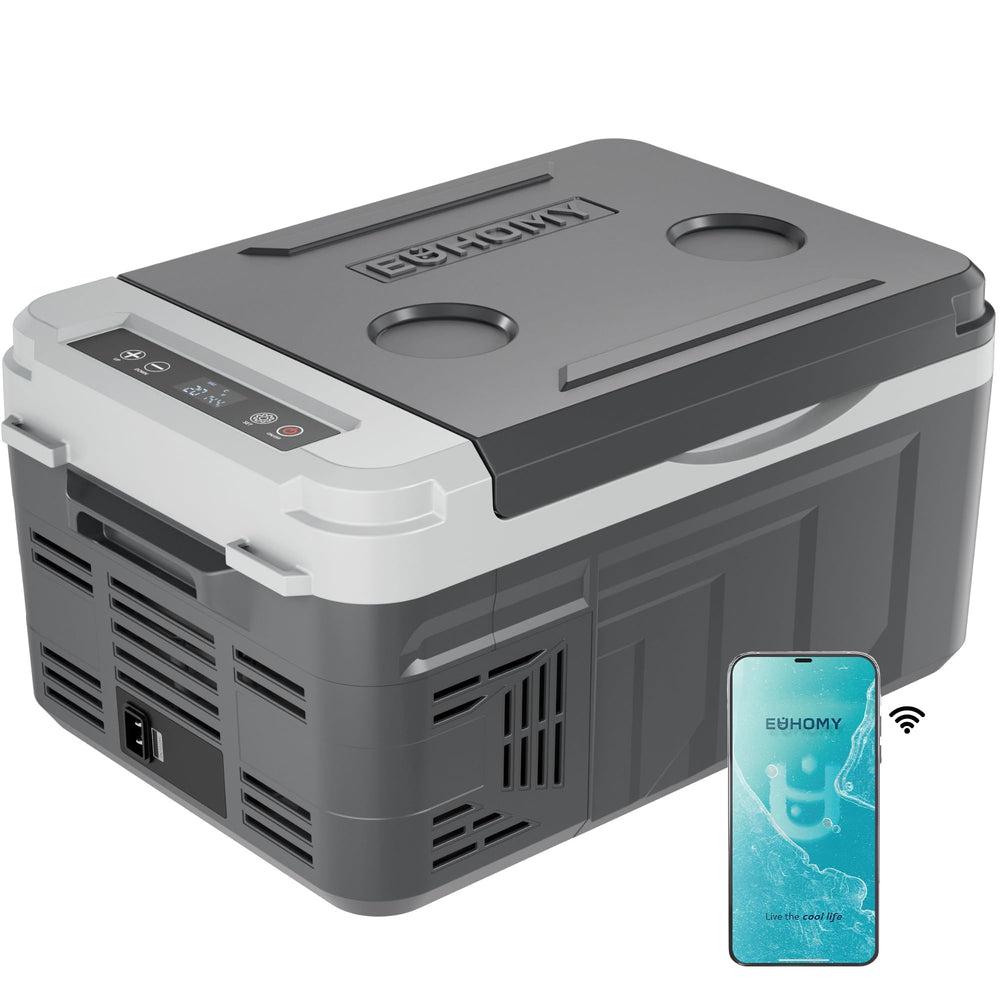 EUHOMY 11-quart portable fridge front view for compact car cooling on trips.