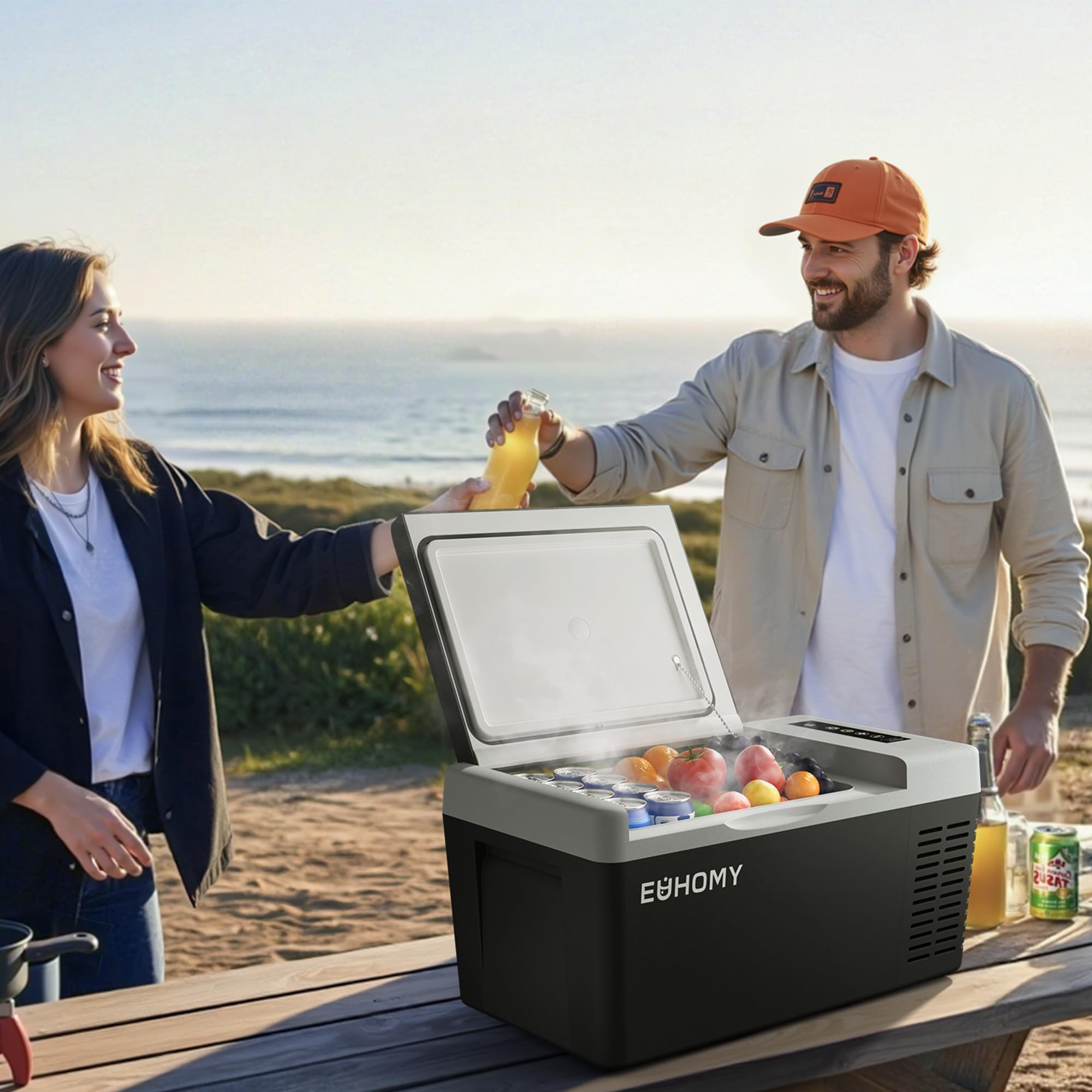 EUHOMY 12V fridge cooling range -4°F to 68°F for versatile storage.