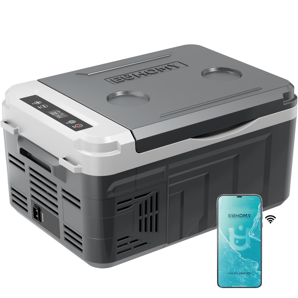 EUHOMY 12V refrigerator exterior view for travel and camping cooling.