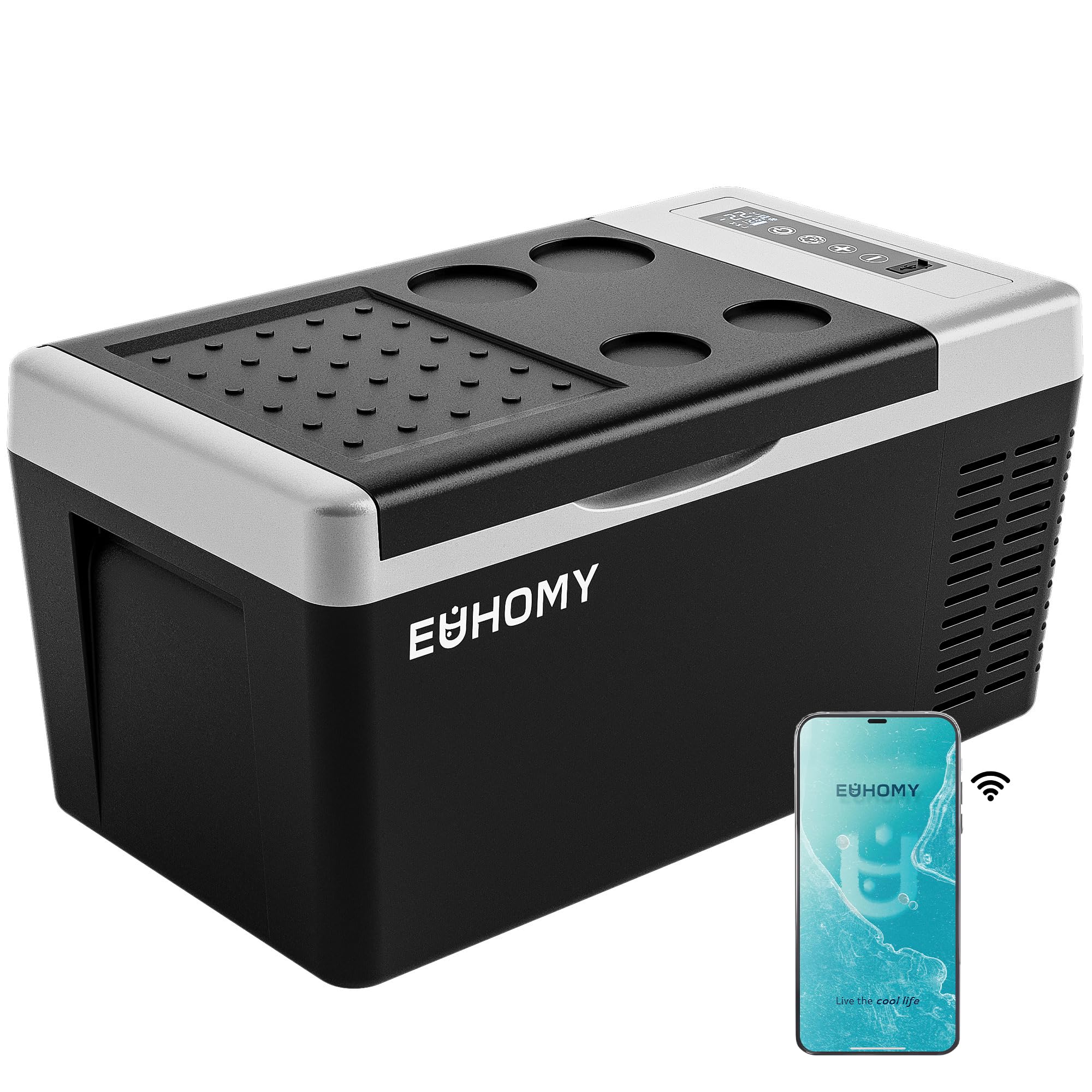 EUHOMY 12V fridge front view showing compact 18L capacity for travel.