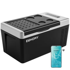 EUHOMY 12V fridge front view showing compact 18L capacity for travel.