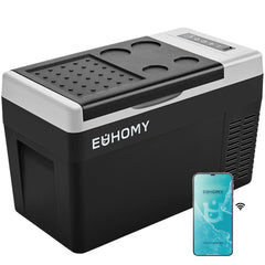 EUHOMY 12V refrigerator front view showing compact cooling for travel.
