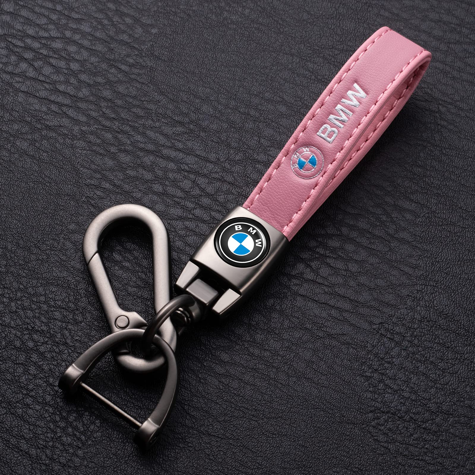 EULIX BMW series keychain close-up highlighting polished finish and leather strap