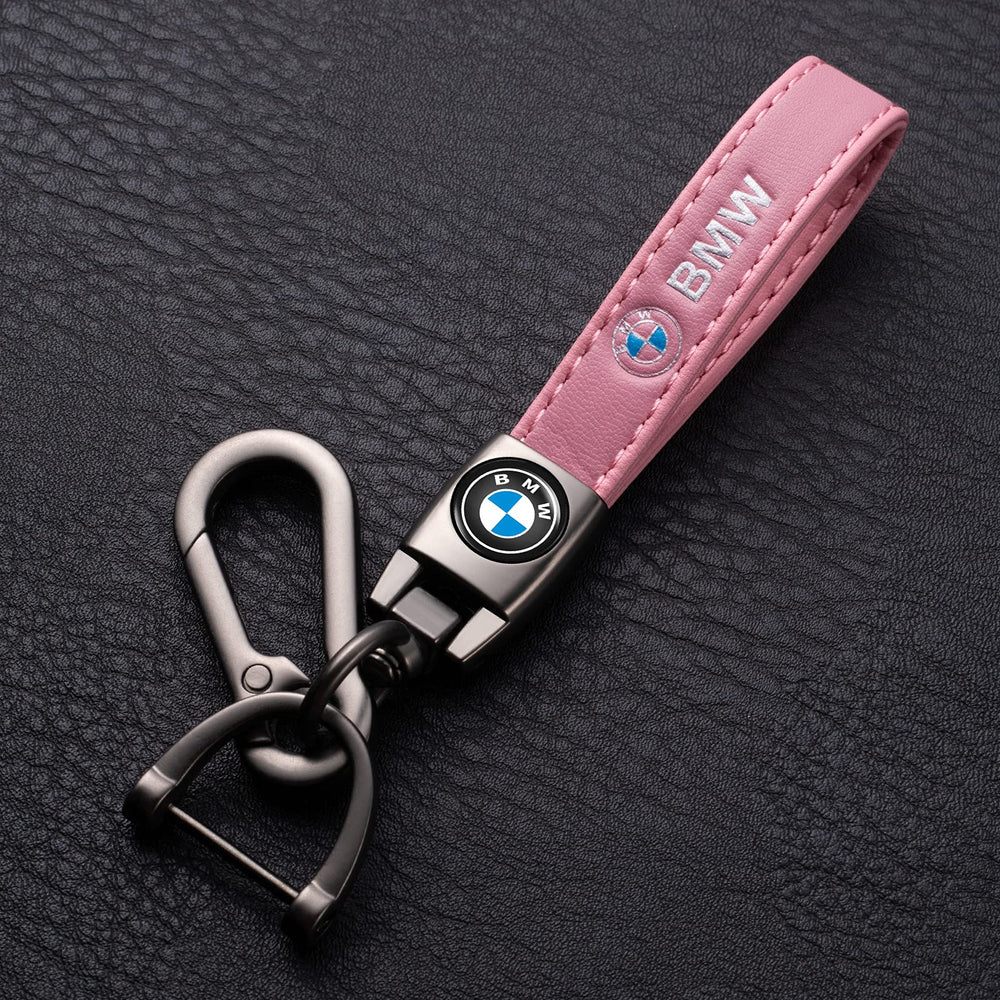 EULIX BMW series keychain close-up highlighting polished finish and leather strap
