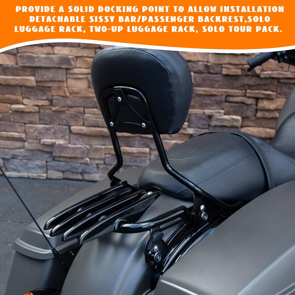Eumti Harley touring docking kit close-up showing polished aluminium and steel
