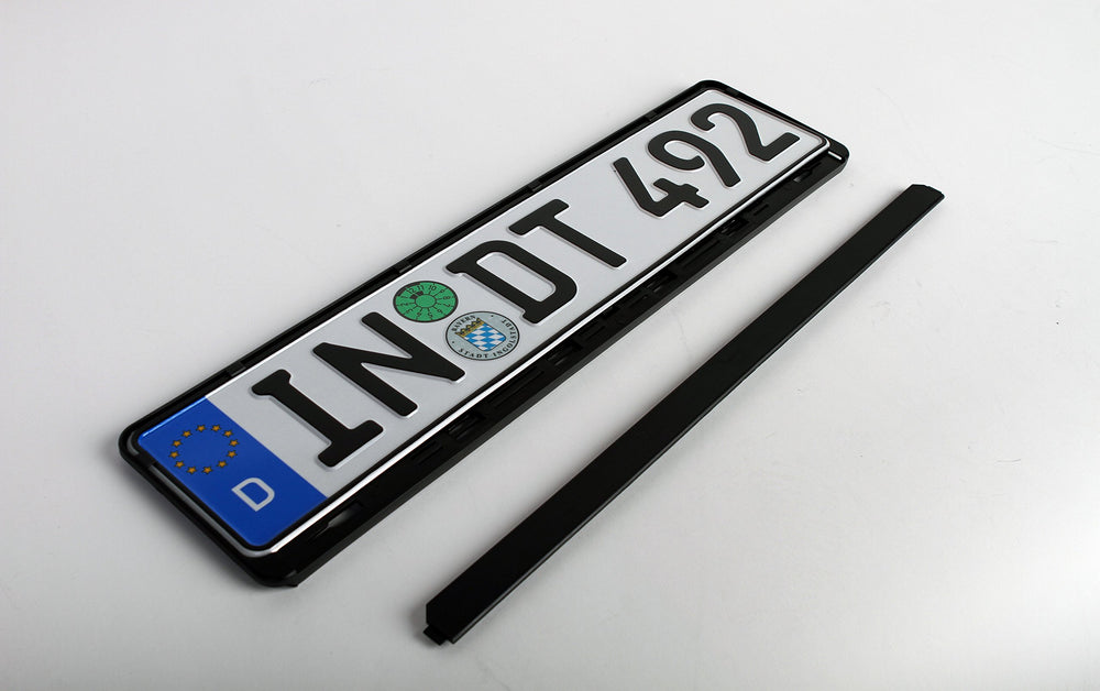 European License Plates standard black holder durable plastic resists wear on the road
