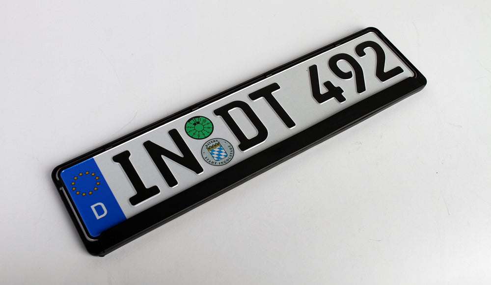 European License Plates standard black holder matte finish complements vehicle aesthetics