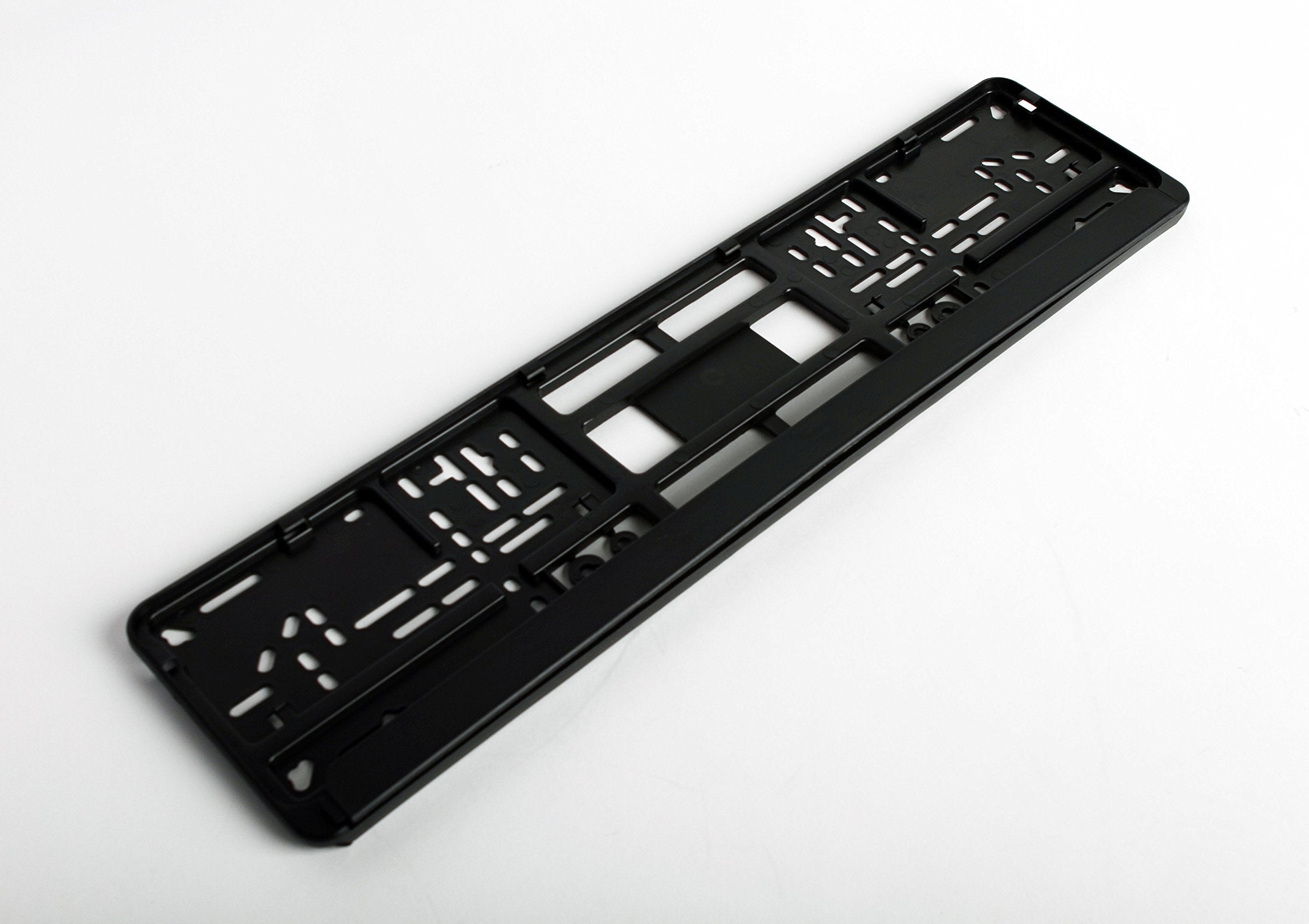 European License Plates standard black holder rear view emphasizes durable, flexible plastic construction