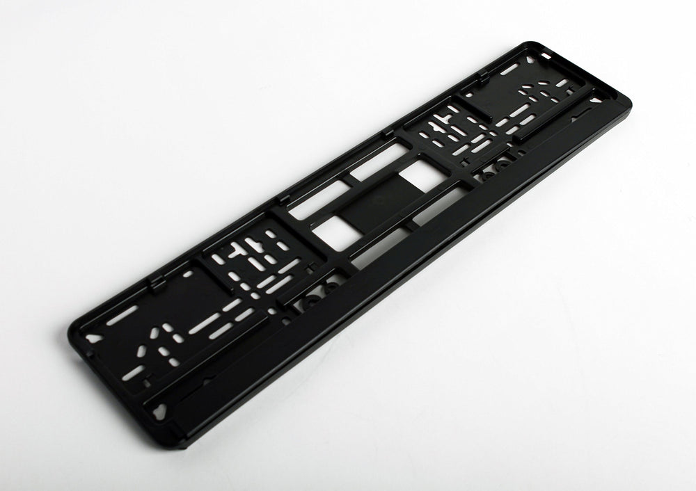 European License Plates standard black holder rear view emphasizes durable, flexible plastic construction
