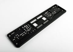 European License Plates standard black holder rear view emphasizes durable, flexible plastic construction