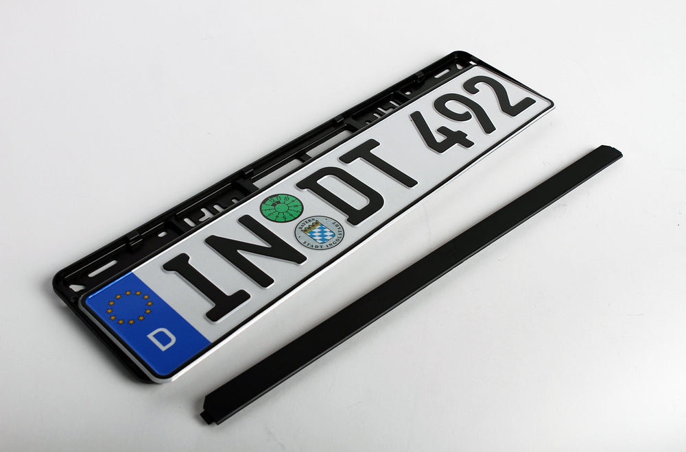 European License Plates standard black holder universal mounting demonstrates compatibility with many bumper layouts