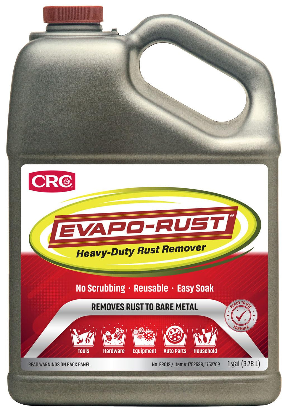 Evapo-Rust ER012 bottle front highlighting safe, water-based rust removal for metal parts.