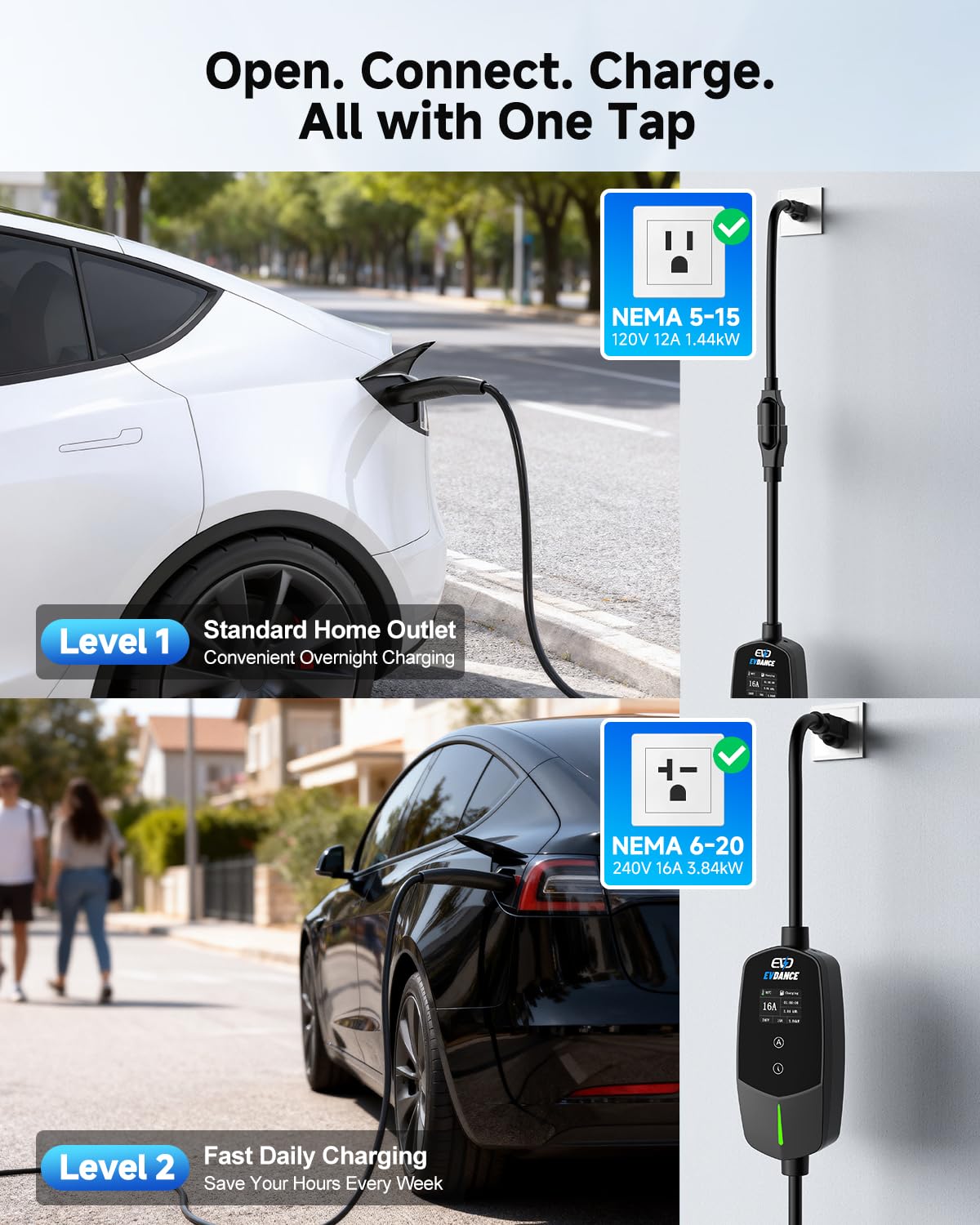 EVDANCE charger showing 25-foot cable for home and travel use