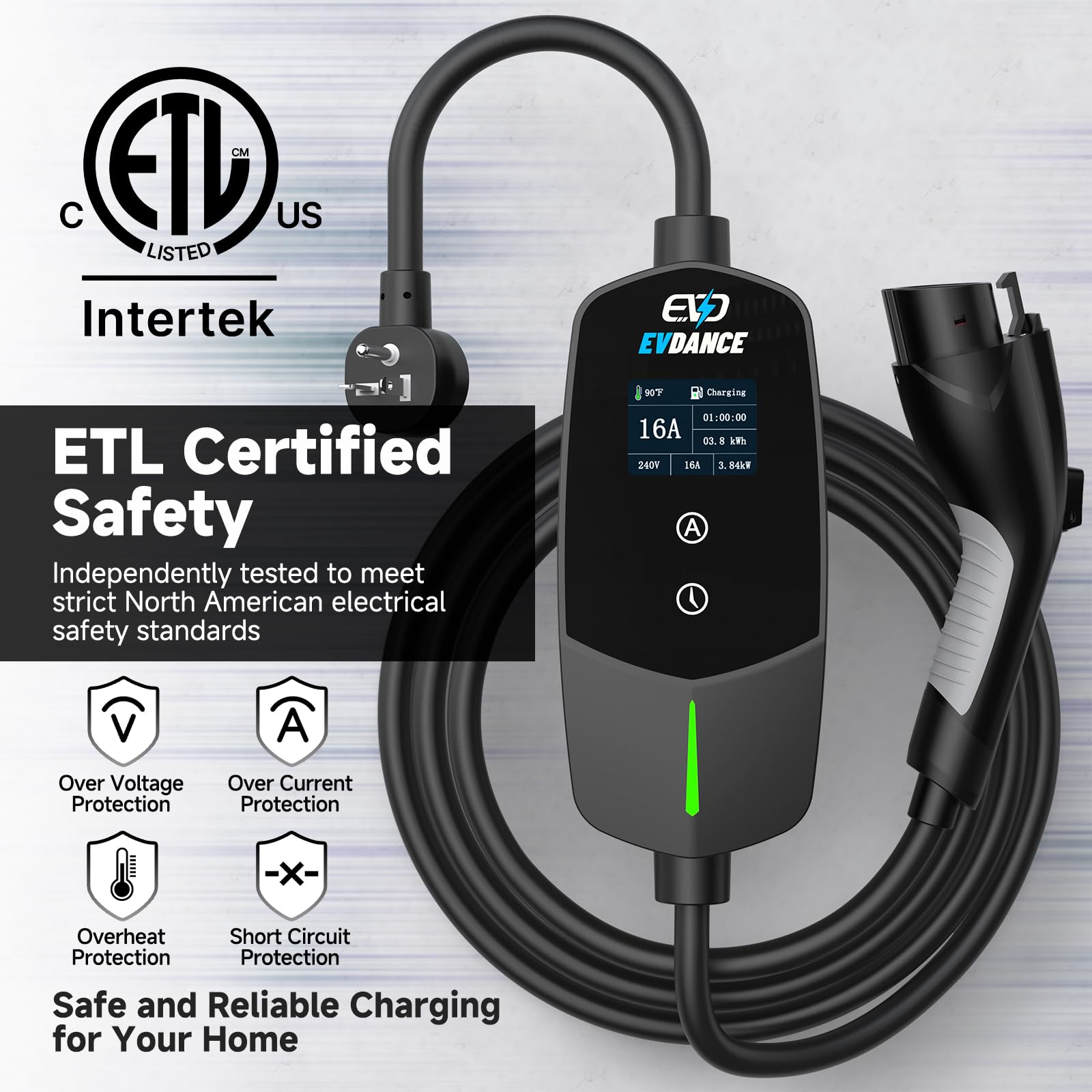 EVDANCE adjustable current panel enabling tailored charging (8–16A).