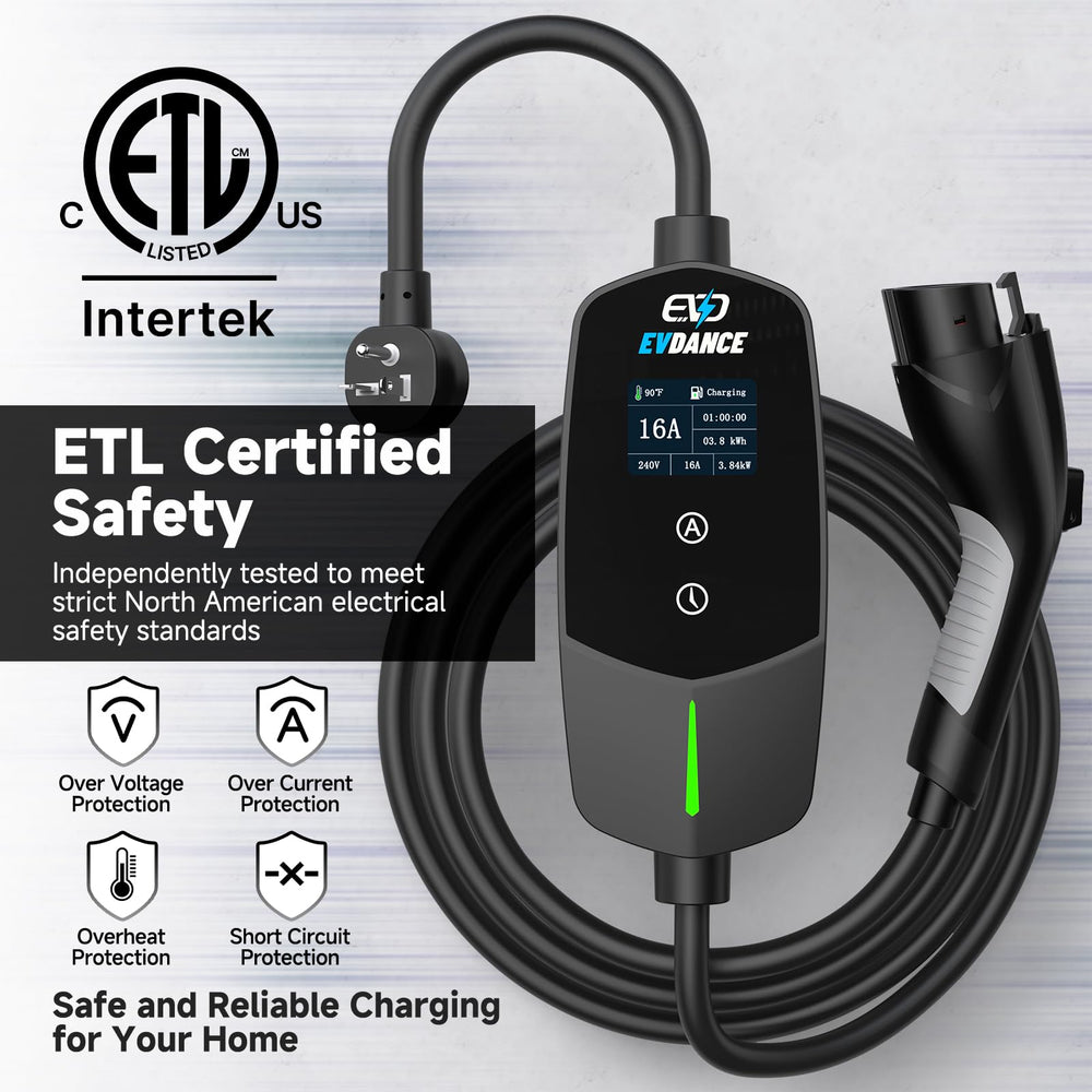 EVDANCE adjustable current panel enabling tailored charging (8–16A).