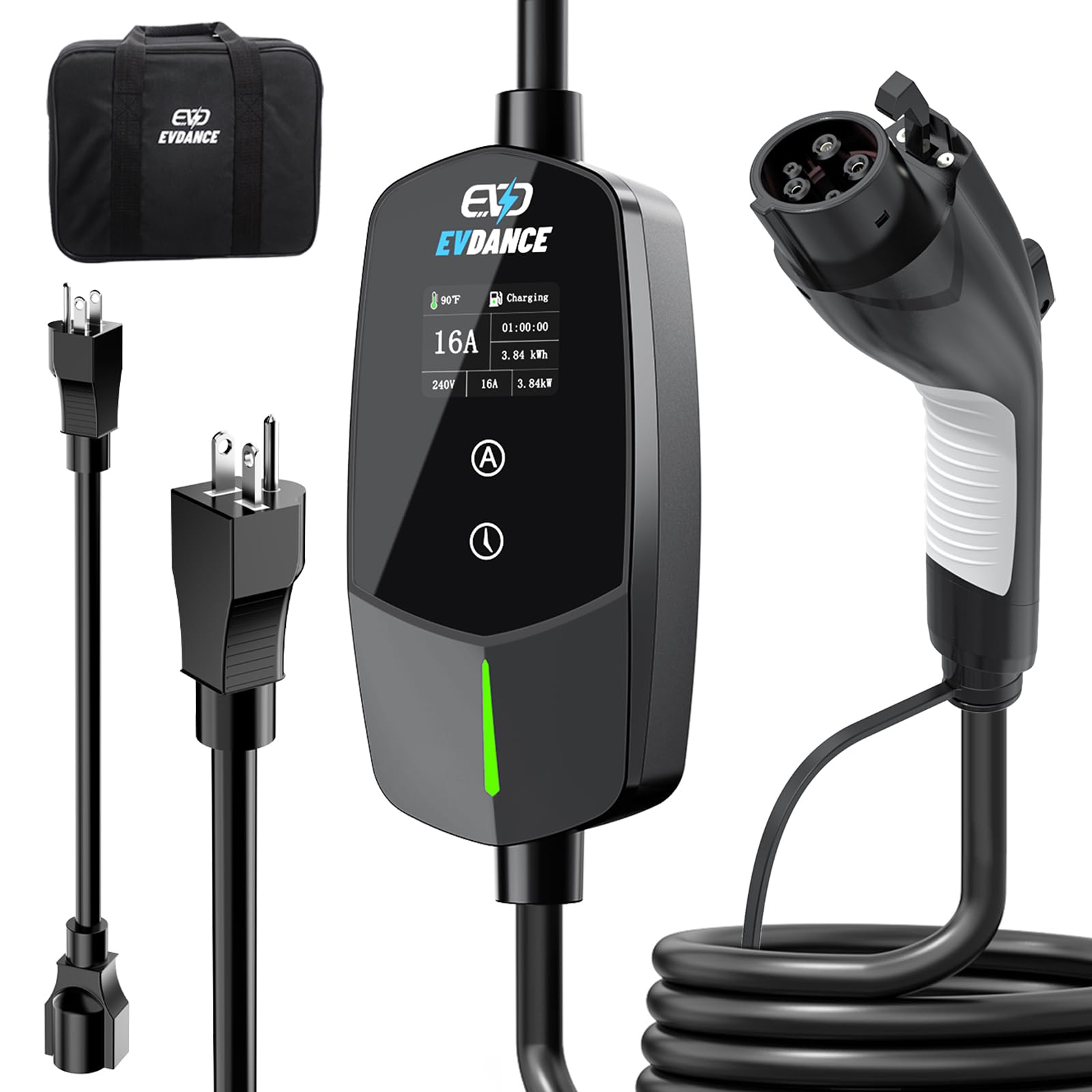 EVDANCE Level 1 & 2 EV charger front view, universal J1772 compatibility.
