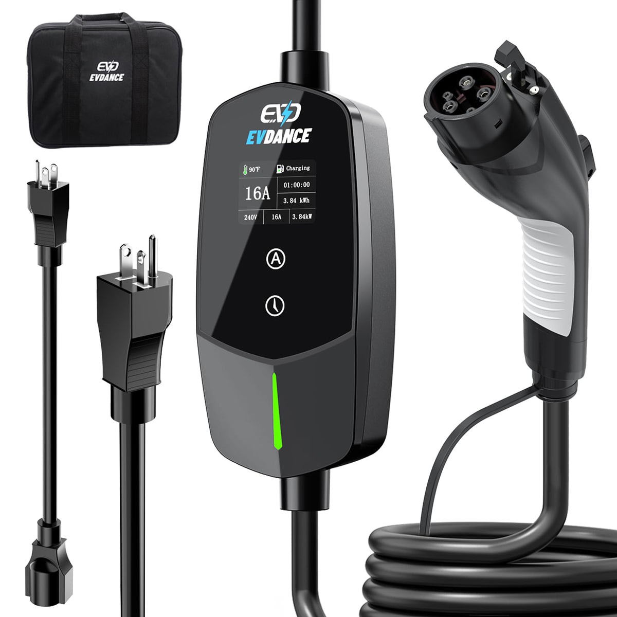 EVDANCE Level 1 & 2 EV charger front view, universal J1772 compatibility.