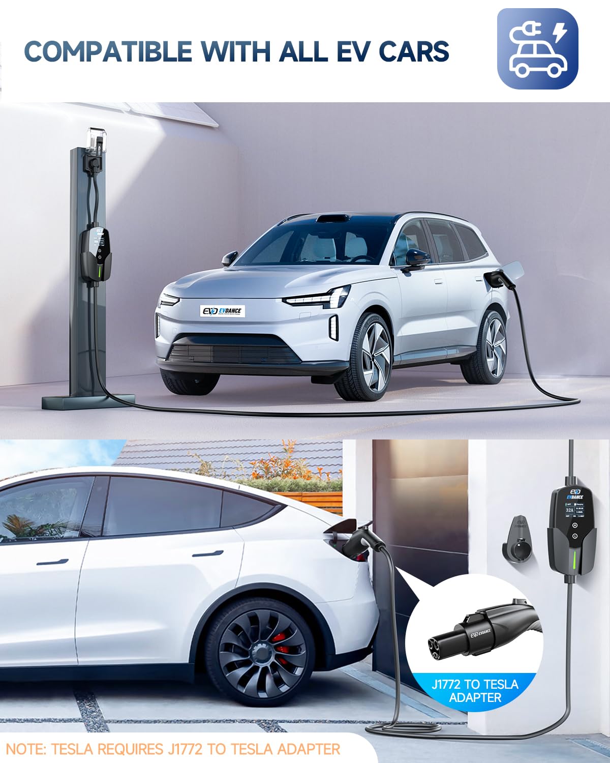 EVDANCE 25-foot cable reaches most driveways and parking spots.