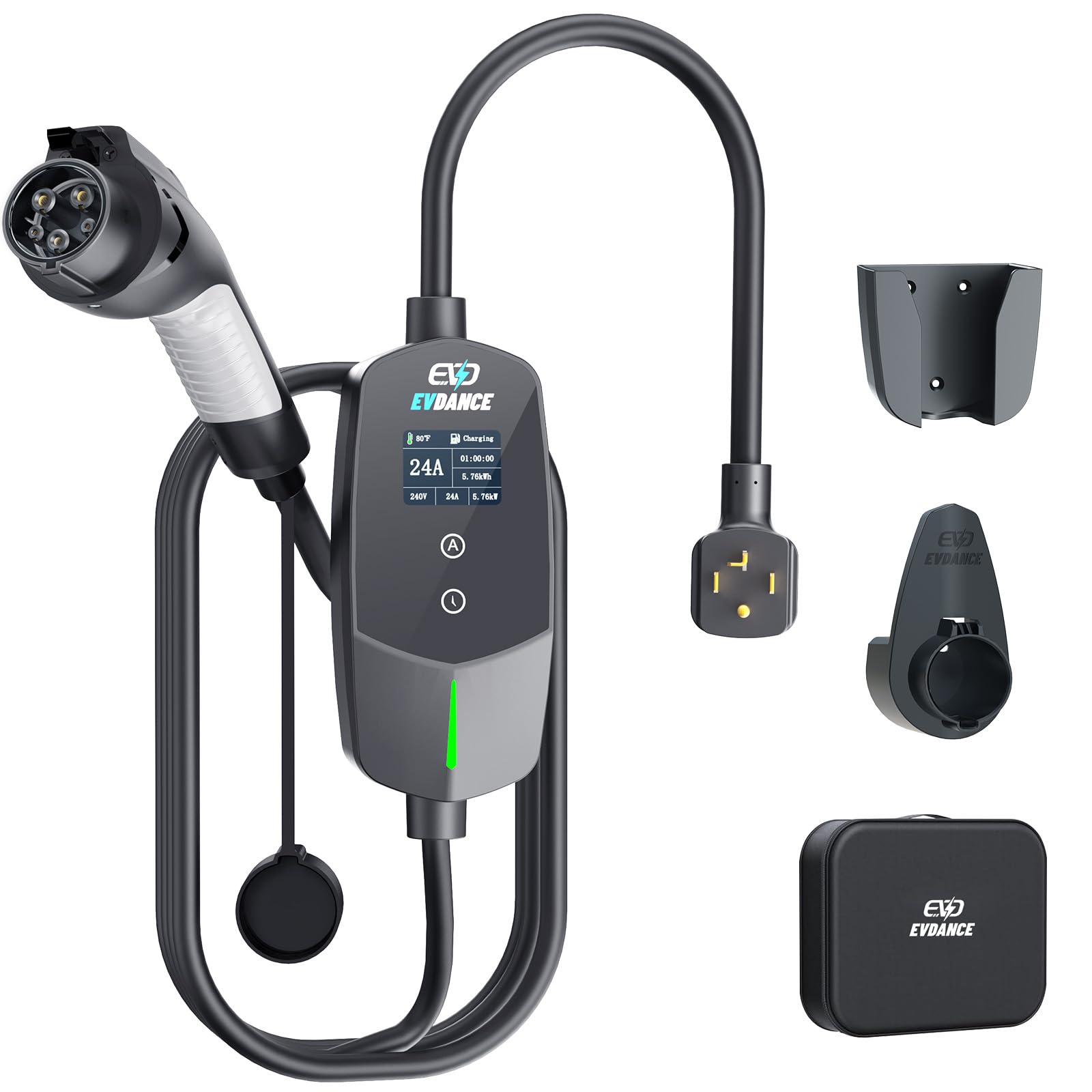 EVDANCE Level 2 charger front view showing compact design and 24A capacity for home use