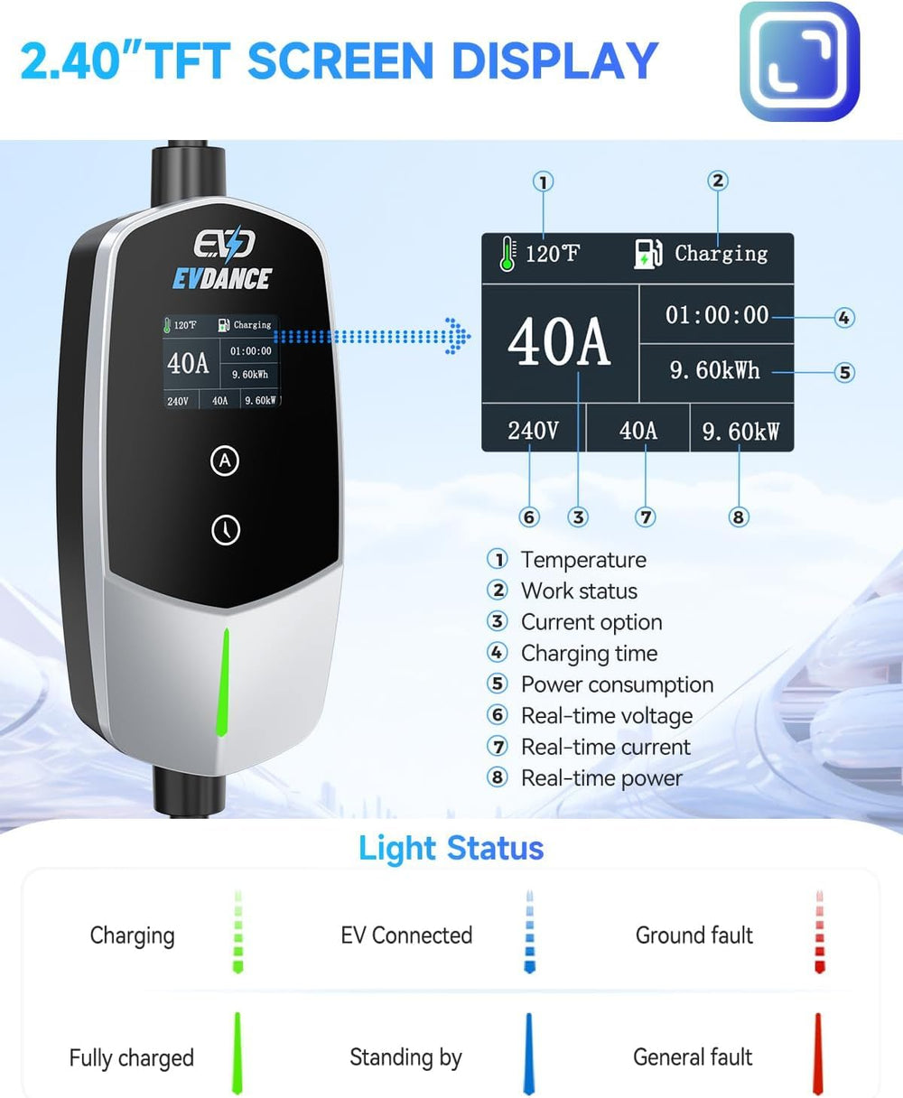 EVDANCE Level 2 EV Charger 25ft cable adds flexibility for home and garage setups